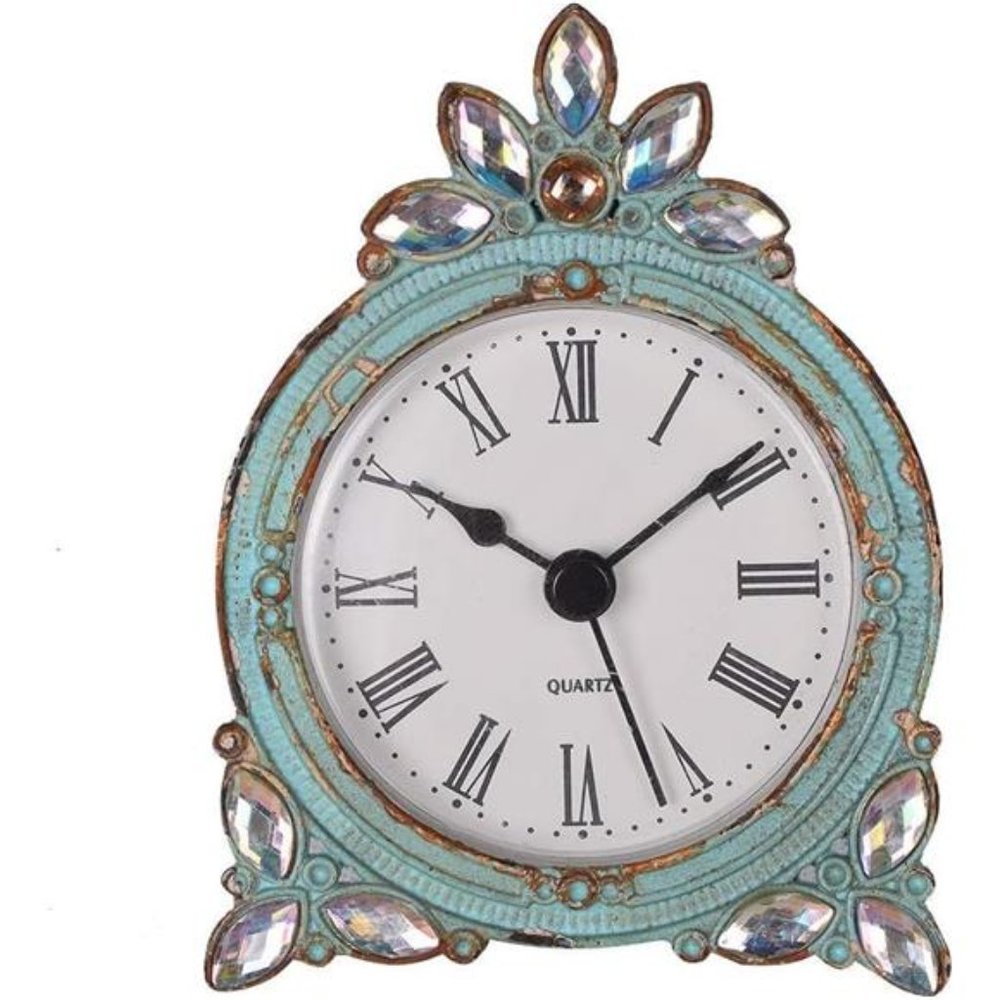 Vintage Pewter Quartz Mini Table Clock with Crystal Shining Rhinestone